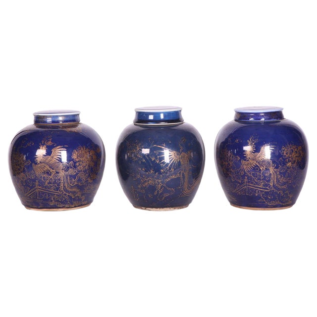 Late-18th Century Chinese Blue-Glazed & Gilt Porcelain Ginger Jars, Set of 3 For Sale