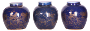 Late-18th Century Chinese Blue-Glazed & Gilt Porcelain Ginger Jars, Set of 3