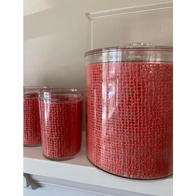1980s Lucite With Coral Pink Rattan Webbing Ice Bucket and Tumblers Set - 5 Pieces For Sale - Image 10 of 13