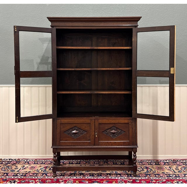 BEAUTIFUL Antique English Tudor Oak Bookcase or Display Cabinet with Double Doors over Double Lower Carved Doors with...