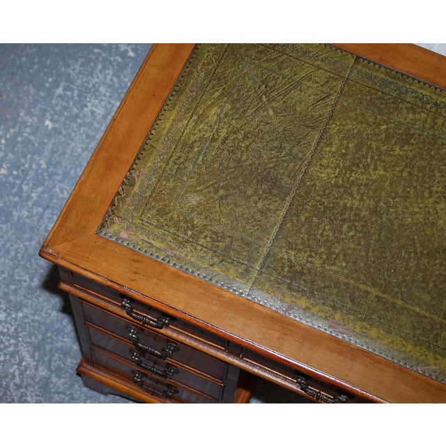 Vintage Yew Wood Twin Pedestal Green Leather Top Desk For Sale - Image 15 of 18