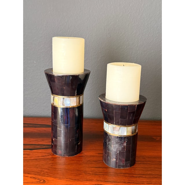 1980s Pair of Tessellated Horn and Brass Candle Holders For Sale - Image 10 of 12