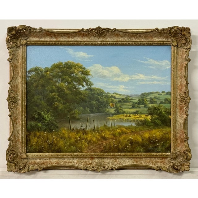 Lush Green English Countryside with Cottage & River by British Landscape Artist 1980 Circa For Sale - Image 12 of 18