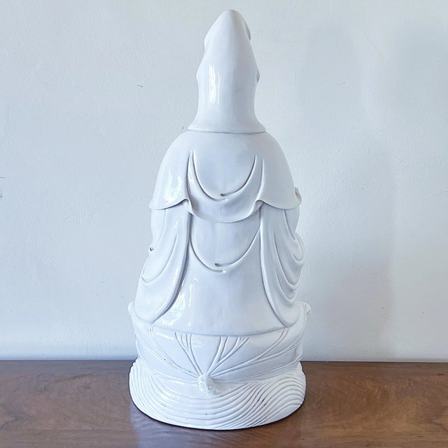 Antique Large Chinese Seated Kwan Yin Figure on Lotus in Blanc De Chine Glaze For Sale - Image 4 of 11