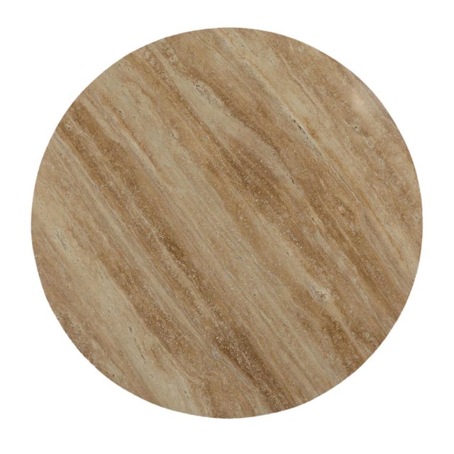 Round travertine stone top coffee table with cane wrapped sturdy iron pedestal base. Beautiful tan/beige natural coloring....