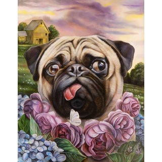 Purple Rose of Cujo by Claudia Griesbach-Martucci | Oil Painting of a pug surrounded by roses. For Sale