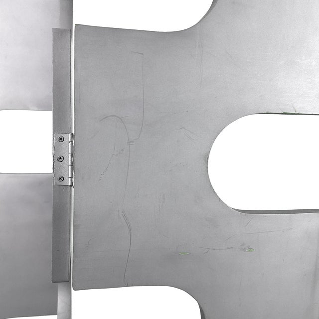 Vintage 1990s Modernist Wood Room Divider With Silver Finish & Geometric Cutouts - Eileen Gray Style - Three Panel Folding Screen For Sale - Image 10 of 13