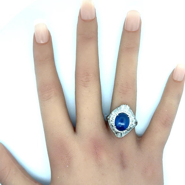 Blue 10.75 Carat Blue Star Sapphire Diamond Platinum Double Halo Ring, Size 6.5 For Sale - Image 8 of 8