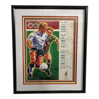 1990s Vintage Original Atlanta Summer Olympics Framed Soccer Poster For Sale