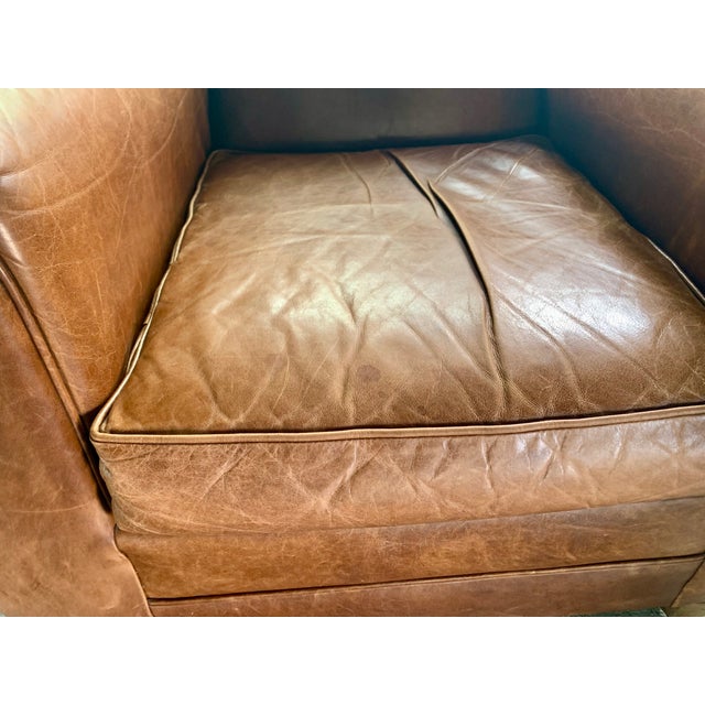 Pair of Leather Club Chairs, French Art Deco-Style, Classic Distressed Brown Leather, "Mustache" Back For Sale - Image 12 of 13