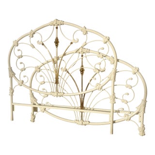 Vintage French Elliott's Designs White Gold Iron Queen Headboard W Footboard #2 For Sale