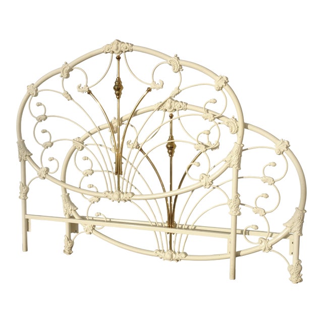 Vintage French Elliott's Designs White Gold Iron Queen Headboard W Footboard #2 For Sale