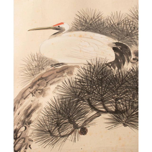 Late Meiji to Early Showa Era Japanese Watercolor Painting, "Red-Crowned Crane and the Pine Tree" For Sale In Dallas - Image 6 of 12