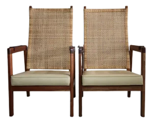 Set of Mid-Century Modern Lounge Chairs in Wood and Cane