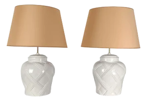 Italian Table Lamps in White Glazed Ceramic, 1970s, Set of 2