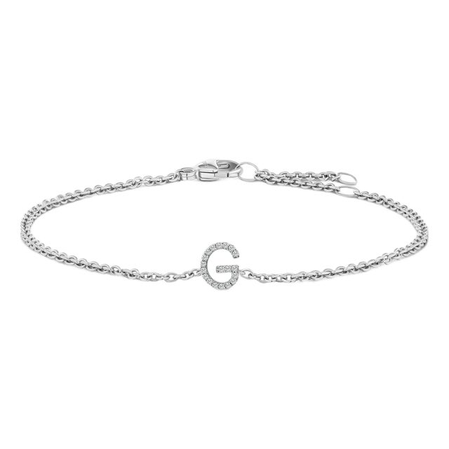 10K White Gold Diamond Accent "G" Initial Charm and Link Bracelet For Sale