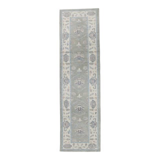 Turkish Oushak Runner Olive Green & Soft Blue Handwoven Wool Rug 4'2" X 14'8" For Sale