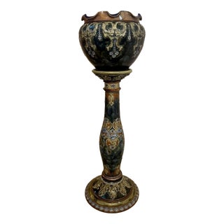 Antique Art Nouveau Stoneware Jardiniere and Stand from Royal Doulton, 1910, Set of 2 For Sale