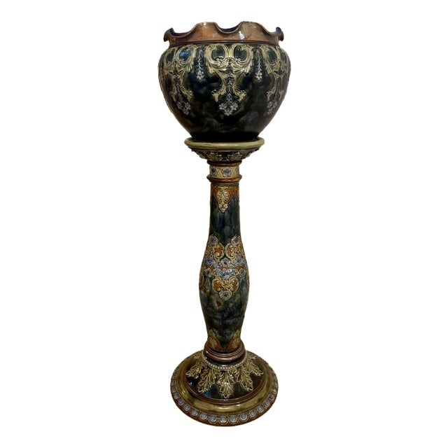 Antique Art Nouveau Stoneware Jardiniere and Stand from Royal Doulton, 1910, Set of 2 For Sale