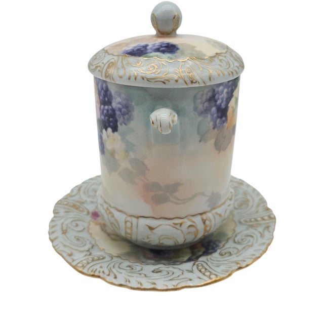 Antique T&v Limoges Hand Painted Blackberry Condensed Milk Jar With Saucer For Sale - Image 4 of 11