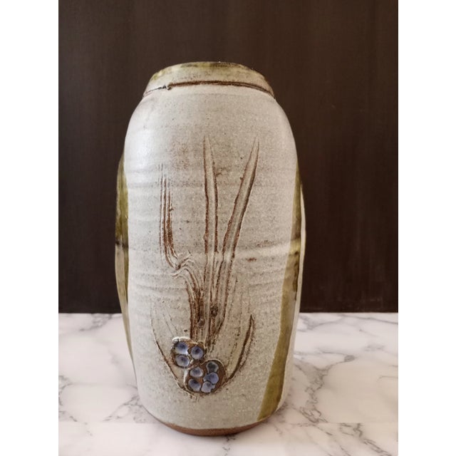 1970s Mid-Century Hand-Etched Botanical Studio Pottery Vase Signed Nora For Sale - Image 4 of 9