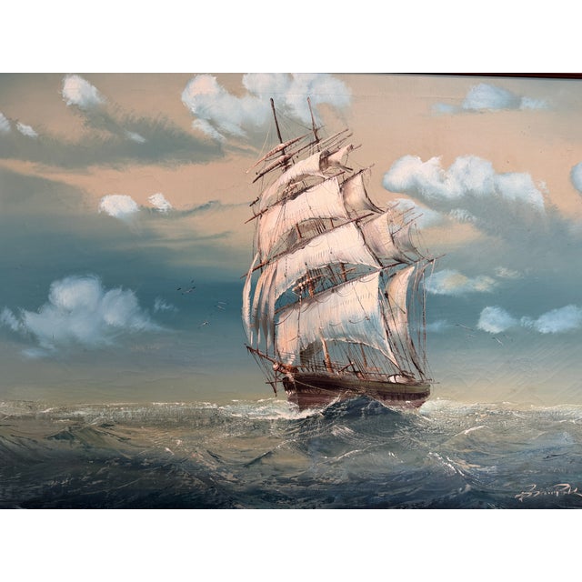 Late 20th Century Large Vintage Signed Original Marine Oil Painting Tall Ship Nautical Seascape For Sale - Image 5 of 14