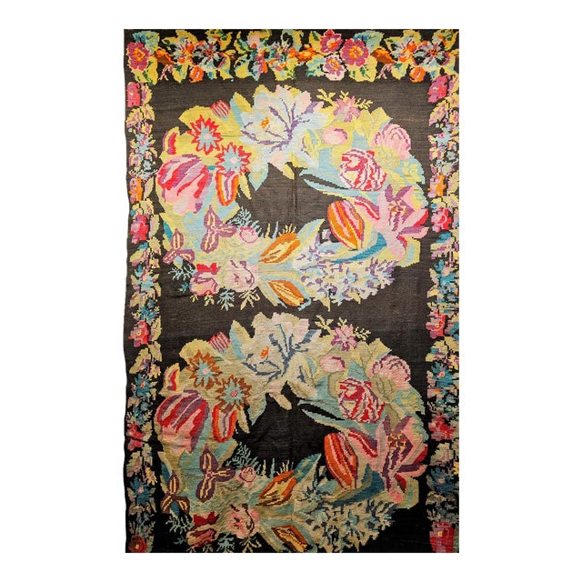 Vintage Caucasian Karabagh Kilim, Floral Wreaths Pattern, Handwoven Wool, 6' x 13' For Sale