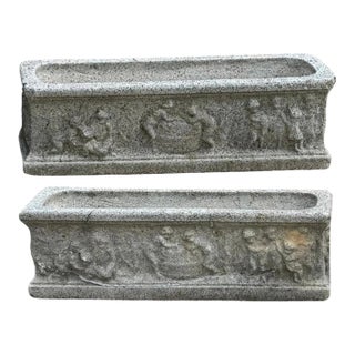 Vintage Neoclassical Style Concrete Cherub 36" Long Garden Planter Pots - A Pair For Sale