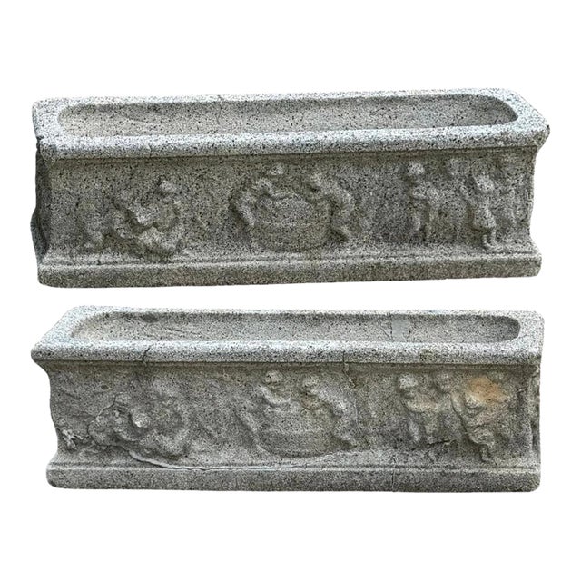 Vintage Neoclassical Style Concrete Cherub 36" Long Garden Planter Pots - A Pair For Sale