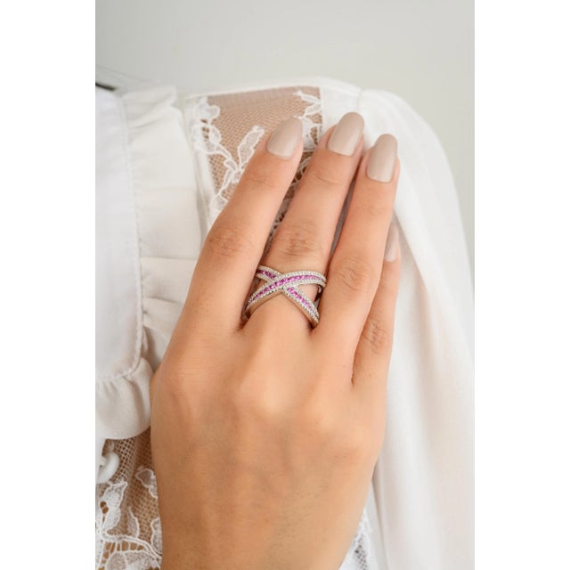 Pink Sapphire & Diamond Criss Cross Cocktail Ring- Round Cut Gemstone Midi Finger Ring Size 5 For Sale In New York - Image 6 of 11