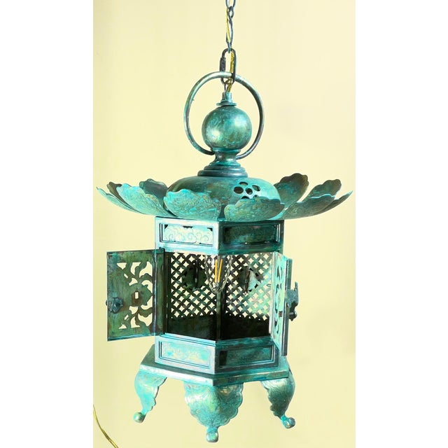 Vintage Japanese Patinated Brass Pagoda Temple Lantern / Pendent -17”x 12” For Sale - Image 11 of 17