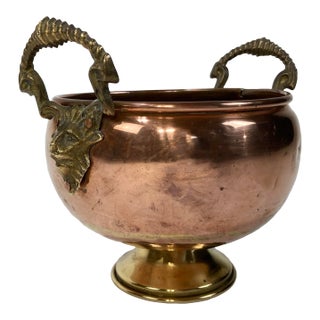 Vintage Copper Compote Bowl With Exaggerated Brass Rams Head Handles For Sale