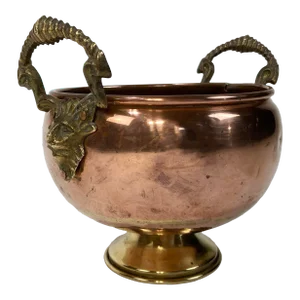 Vintage Copper Compote Bowl With Exaggerated Brass Rams Head Handles
