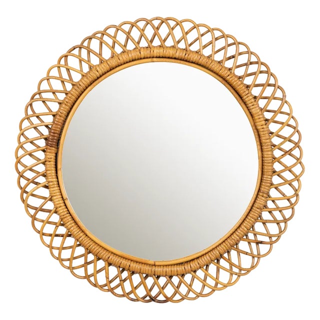 Midcentury Round Wall Mirror in Rattan and Bamboo by Franco Albini, 1960s For Sale