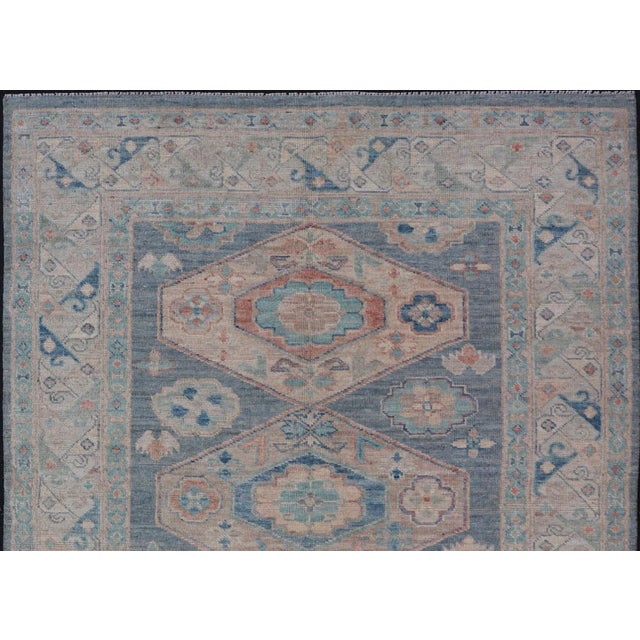 Blue Modern Oushak With Three Large Medallion Design on a Blue-Gray Field For Sale - Image 8 of 12