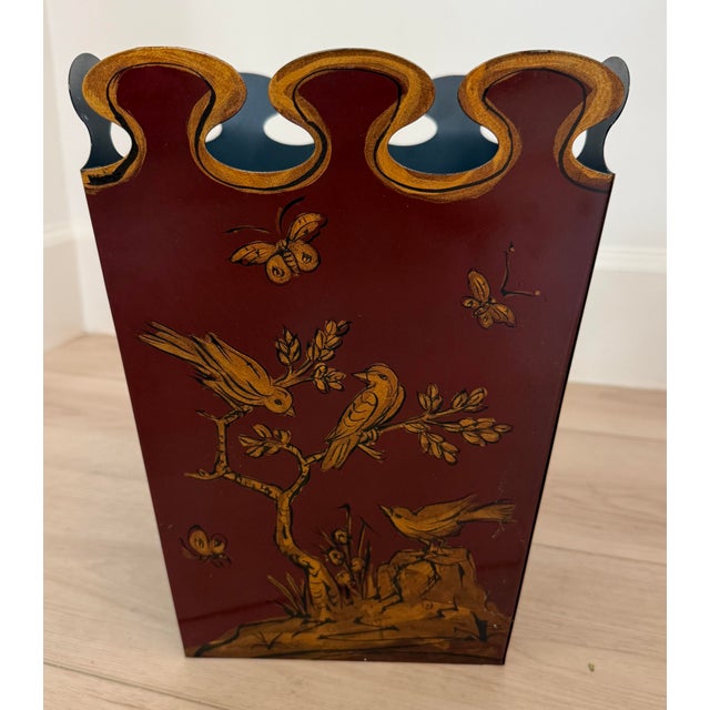 Golfar and Hughes Handpainted Tole wastebin. Deep burgundy with gilded accents and Chinoiserie design of flora and fauna...