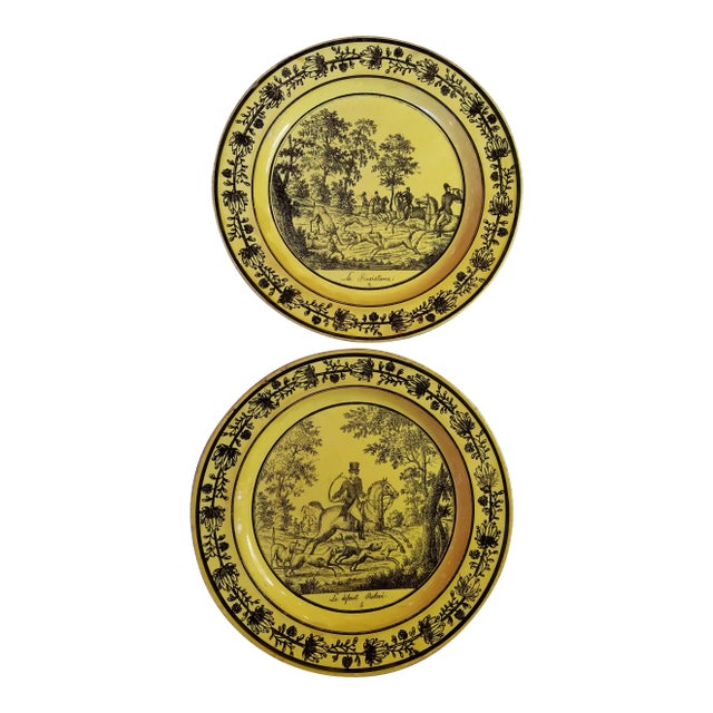 18th Century French Canary Yellow Creil Plates With Hunting Scenes - a Pair For Sale
