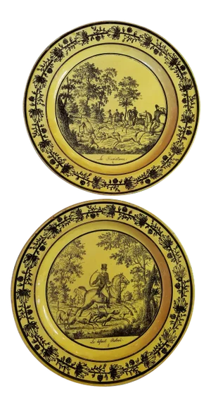 18th Century French Canary Yellow Creil Plates With Hunting Scenes - a Pair