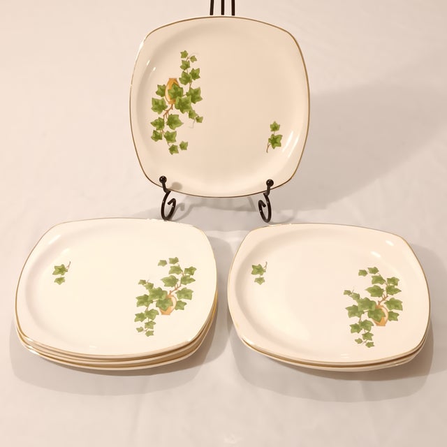 Vintage Panden City Pottery Salad Plates - Set of 7 Made in the USA Oven Proof A-55. Square Porcelain dessert Plate with a...