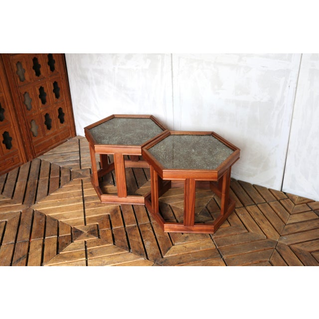Wood Pair of John Keal for Brown Saltman “Domino” Hexagonal Side Tables | Mid-Century Modern, 1960s For Sale - Image 7 of 18