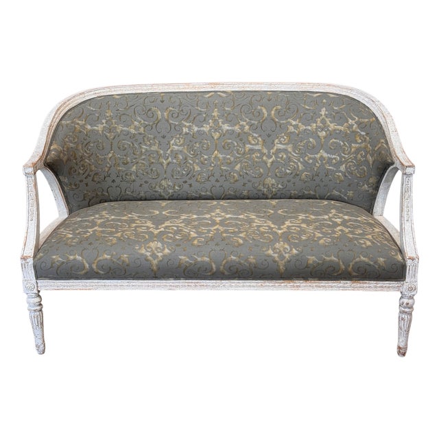 19th Century Swedish Gustavian Painted Settee With Fortuny Upholstery For Sale