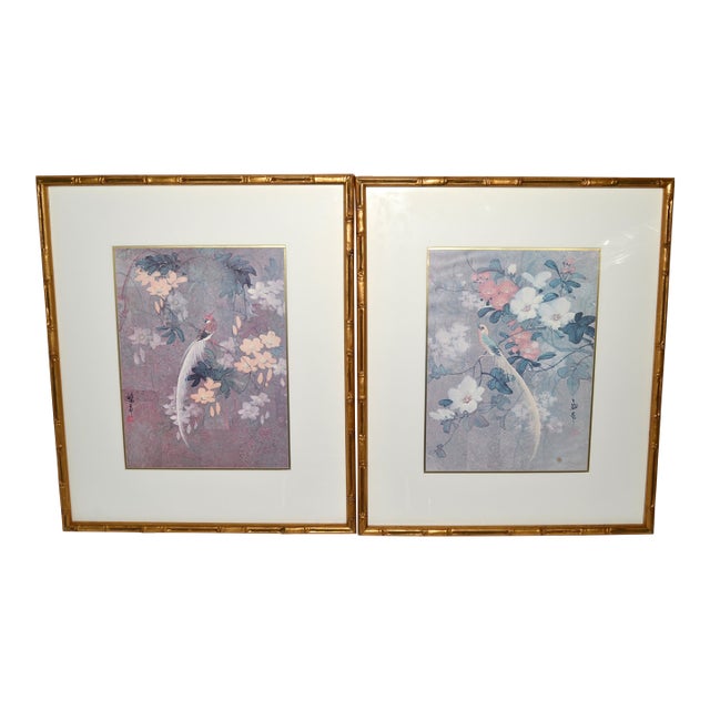 Early 20th Century Signed 2 Matching Framed Asian Paintings Chinoiserie Hand Painted Bird Scene Gilt Faux Bamboo For Sale
