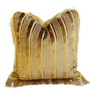 French Gold Velvet Striped Cord & Fringe Feather /Down Pillow For Sale
