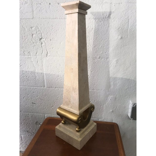 Tan Monumental Maitland Smith Tessellated Marble Stone and Gilt Candlestick For Sale - Image 8 of 10