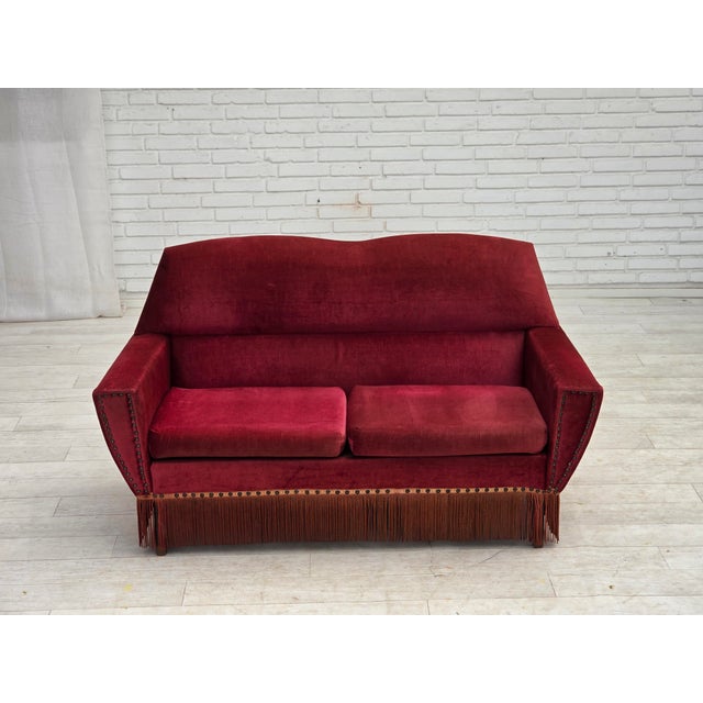 1970s, Danish 2-seater sofa. Red furniture velour, beech wood legs. Original very good condition: no smells, no stains and...