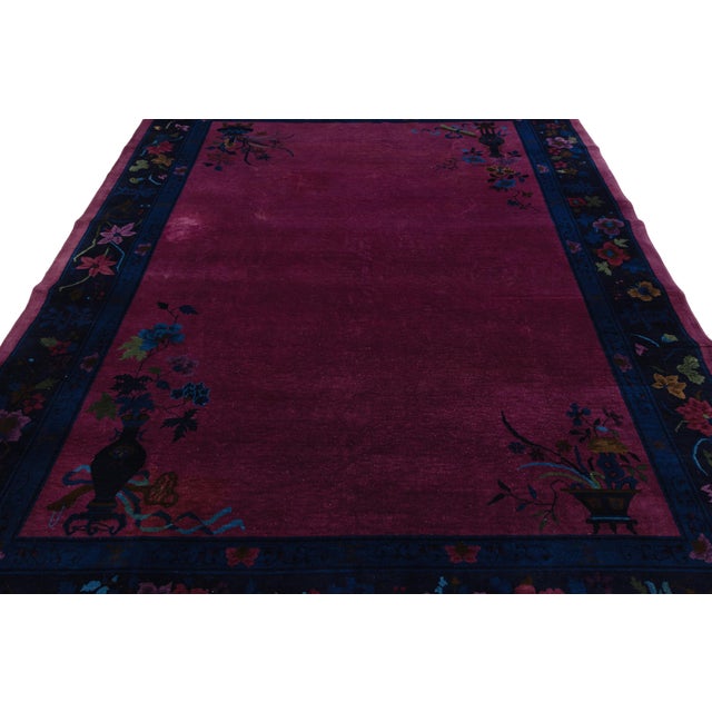 1920s Antique Chinese Art Deco Rug Vibrant Plum & Navy Wool 9x12 For Sale - Image 5 of 11