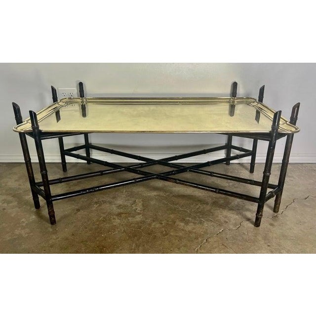 Antique Brass Tray Table on Black Chinoiserie Base, 20th Century For Sale - Image 15 of 18
