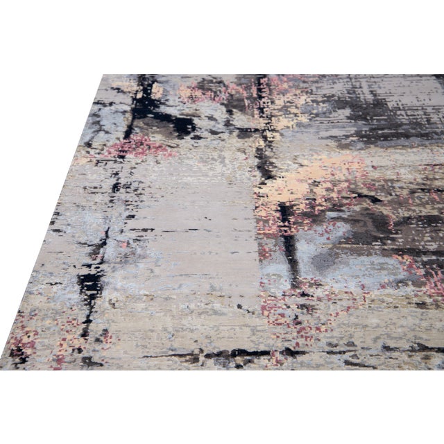 Modern Indian Handmade Gray Abstract Wool and Silk Rug For Sale - Image 4 of 10
