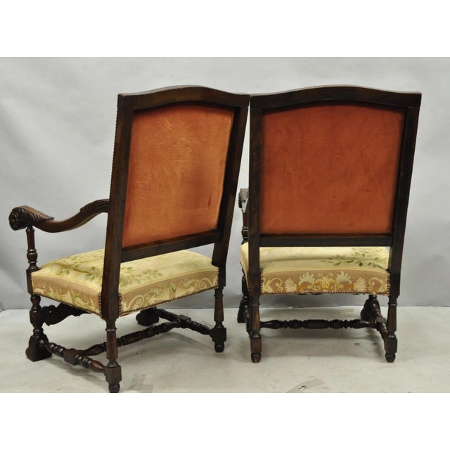 Antique French Louis XIV Style Needlepoint Tapestry Carved Walnut Arm Chair Pair For Sale - Image 18 of 18
