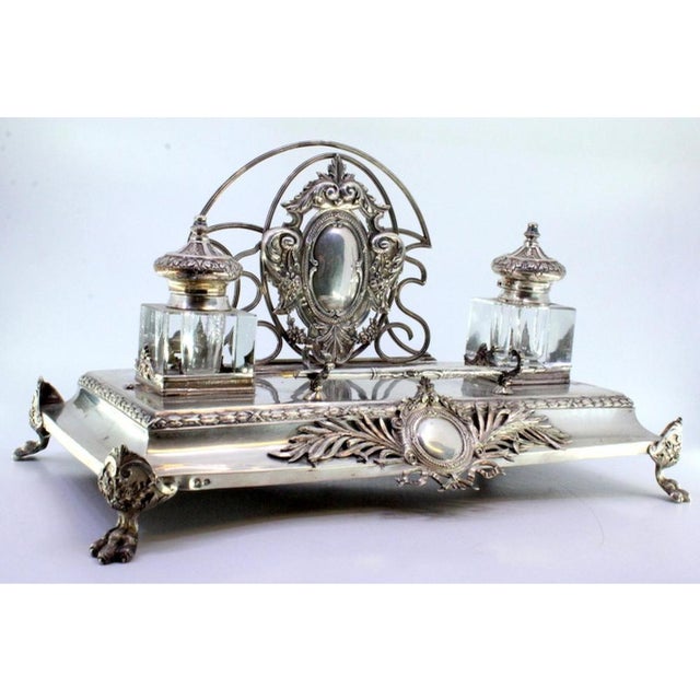 Relief Silver and Glass Inkwell with Monogram Cards, Frieze and Claw-Shaped Feet with Wooden Base For Sale - Image 6 of 7